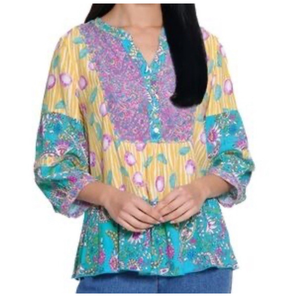 John Mark Women’s 1X Floral Paisley Patchwork Yellow Blue Boho Tunic Top Casual